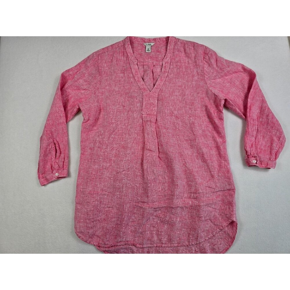 LL Bean Womens Pink Linen Tunic Top Medium Reg 3/4 Sleeve